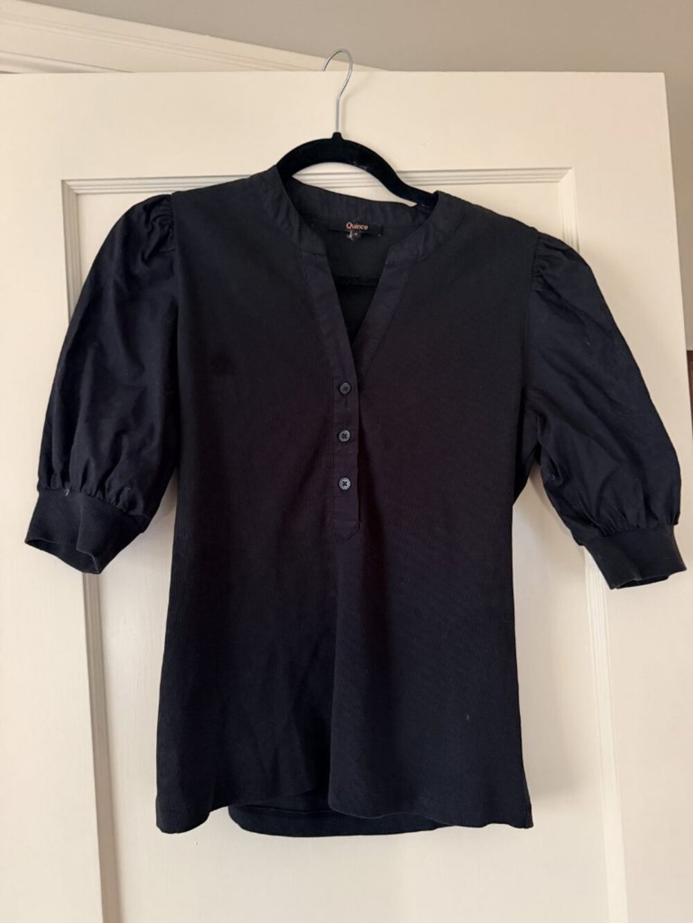 Quince Cotton Mixed Media Puff Sleeve Top Black Henley Size M